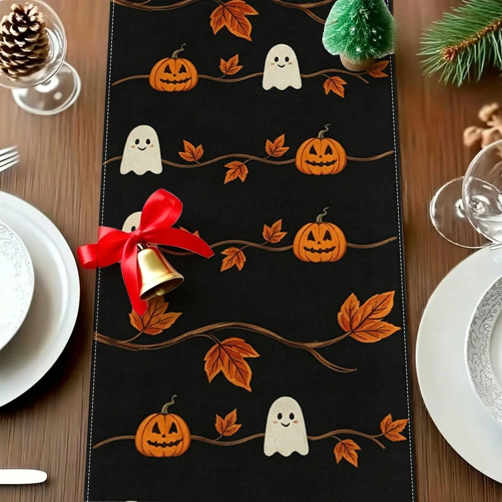 1pc Cute Halloween Pumpkin Ghost Maple Leaf Print Multi‑Size Table Runner for Dining Table Kitchen Living Room Holiday Party Hom