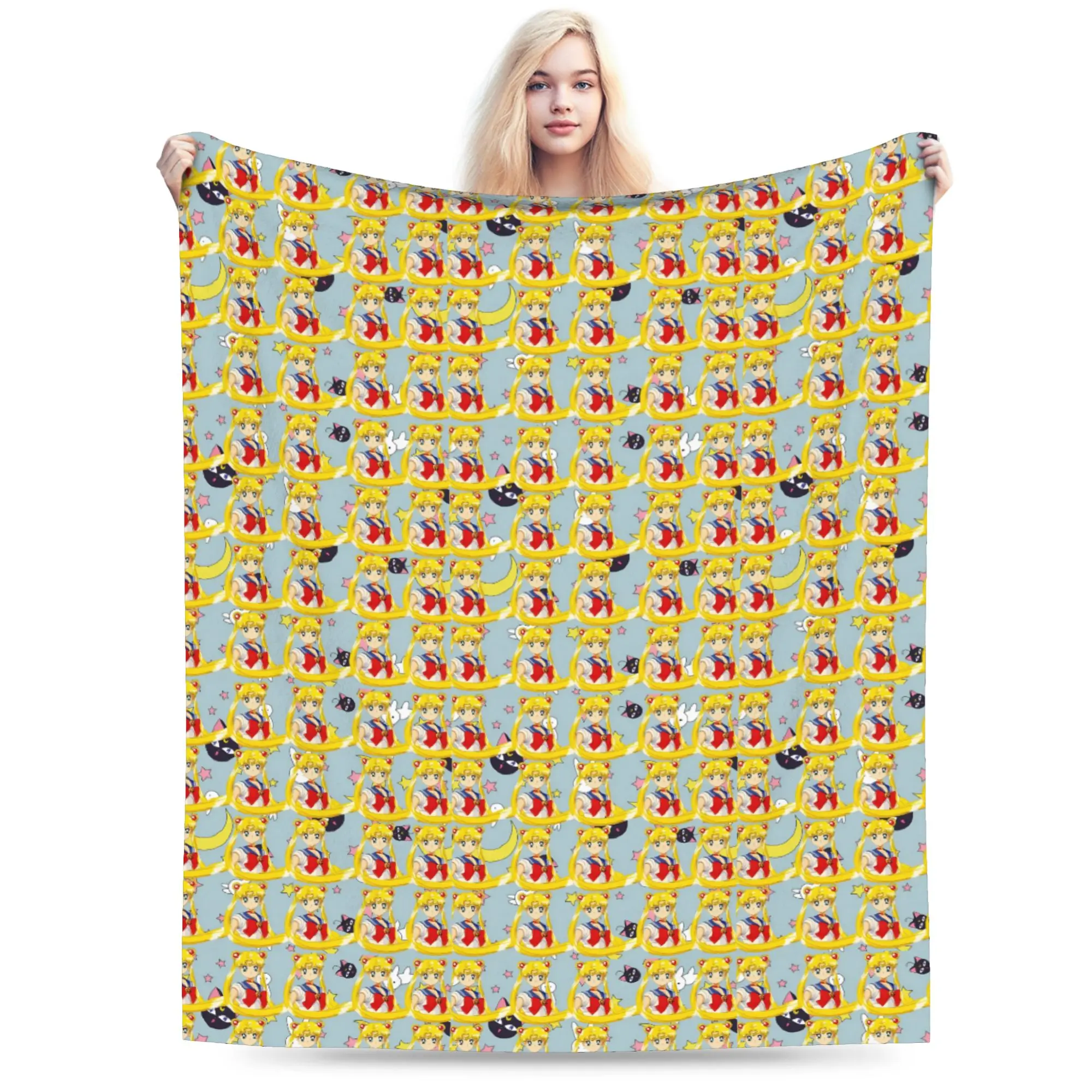 Ultra-Soft Fleece Sailors Anime Moons Throw Blanket Warm Flannel Usagi Tsukino Luna Blankets for Bed Office Couch Bedspreads