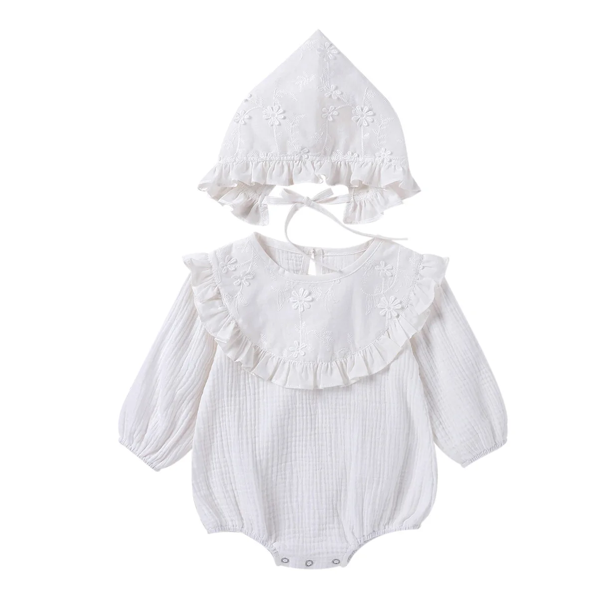 Autumn Newborn Baby Girls Full Sleeve Embroidery Flower Ruched 1pcs Cotton Jumpsuits with Hat Infant Kids Toddler Bodysuit 0-24M