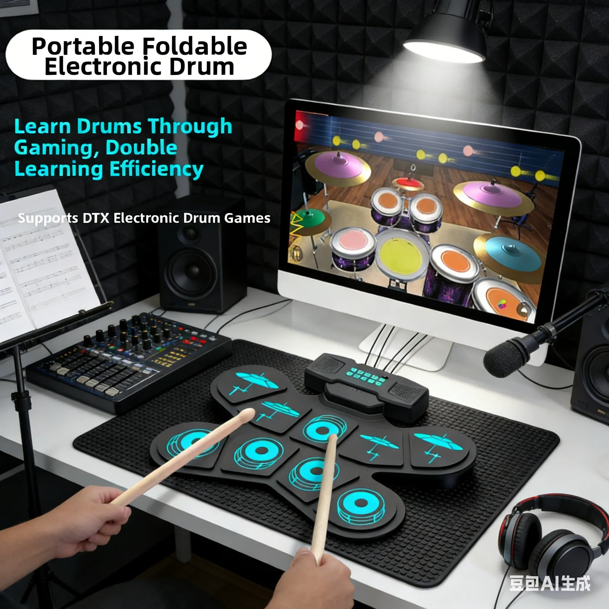 Portable Electronic Drum Set With With Drumsticks & Dual Speakers Roll-Up Drum Set For MIDI Practice Gaming Pad Drum