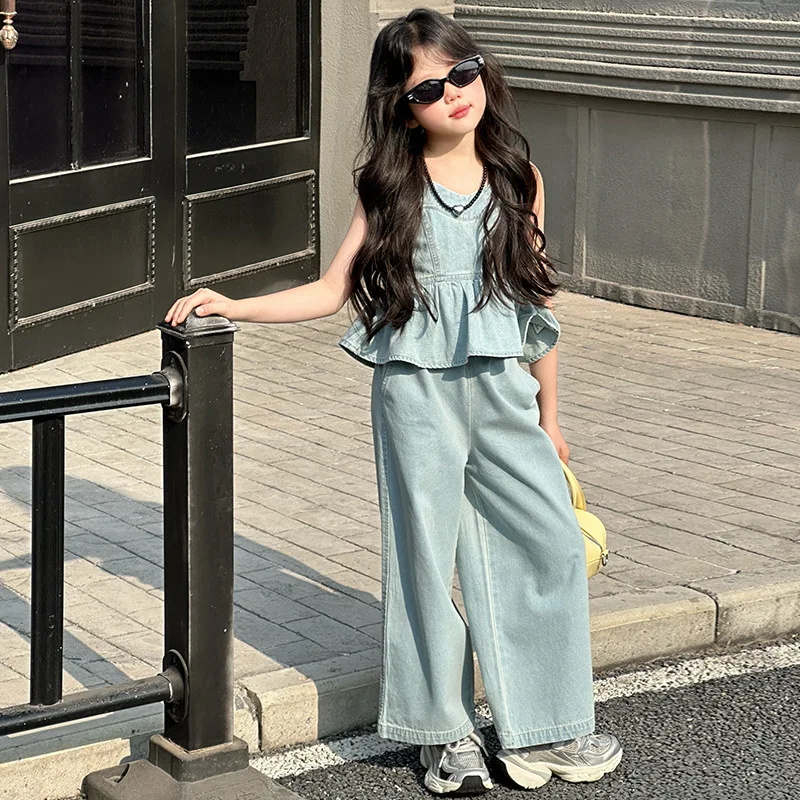 

Girls Clothes Set Summer Chic Halter Vest Wide Leg Pants 2pcs Kids Suits 2025 New Teenager Children Denim Outfits Tide