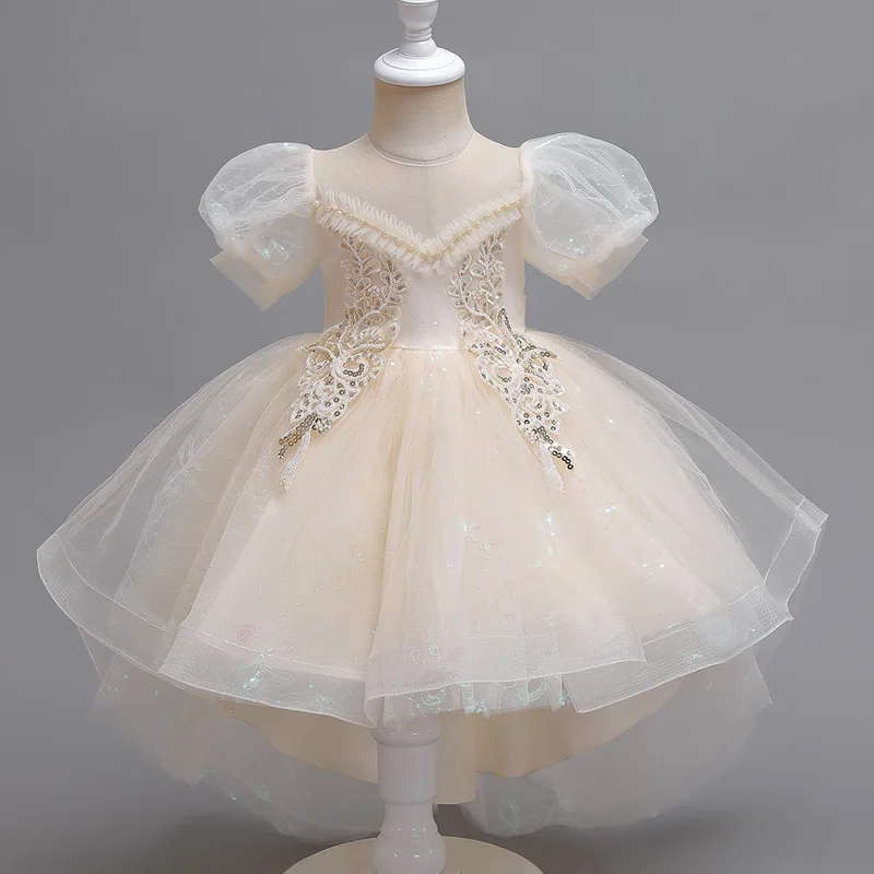 فستان سهرة بذيل سهرة للفتيات الصغيرات مع أكمام منتفخة شبكية لحفلات أعياد الميلاد فستان الأميرة للأطفال البنات