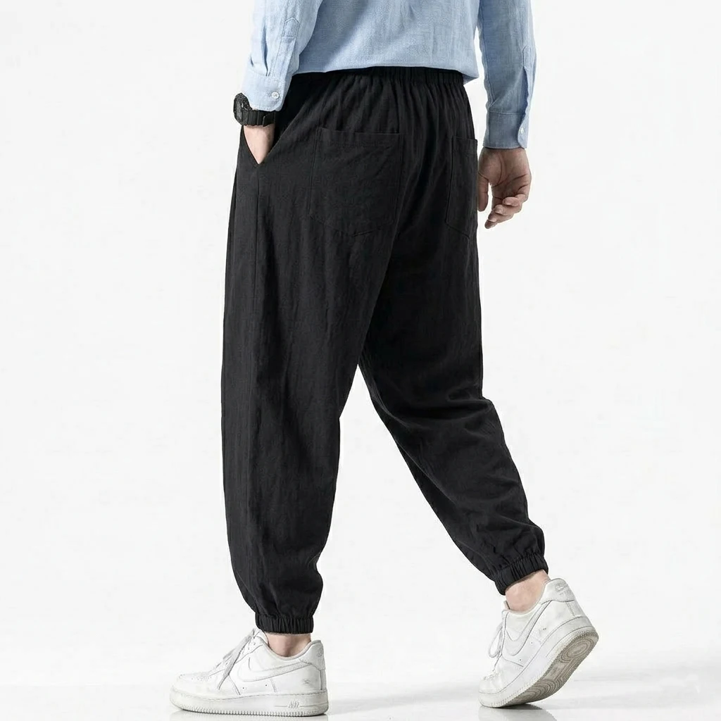 Koreanische Herren-Leinenhosen Frühling Locker Sitzende Strand- und Urlaubshosen aus Baumwolle Lässige Wanderhosen für Männer Sommer Baggy-Hosen Fitness-Arbeitshosen Streetwear – Detail 6