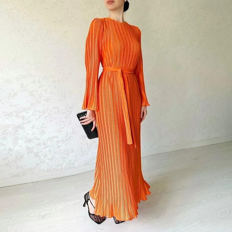 Autumn Winter Fashion Solid Pleated Dress  Women Round Neck Speaker Long Sleeve Belt Long Dress Elegant Loose Dress