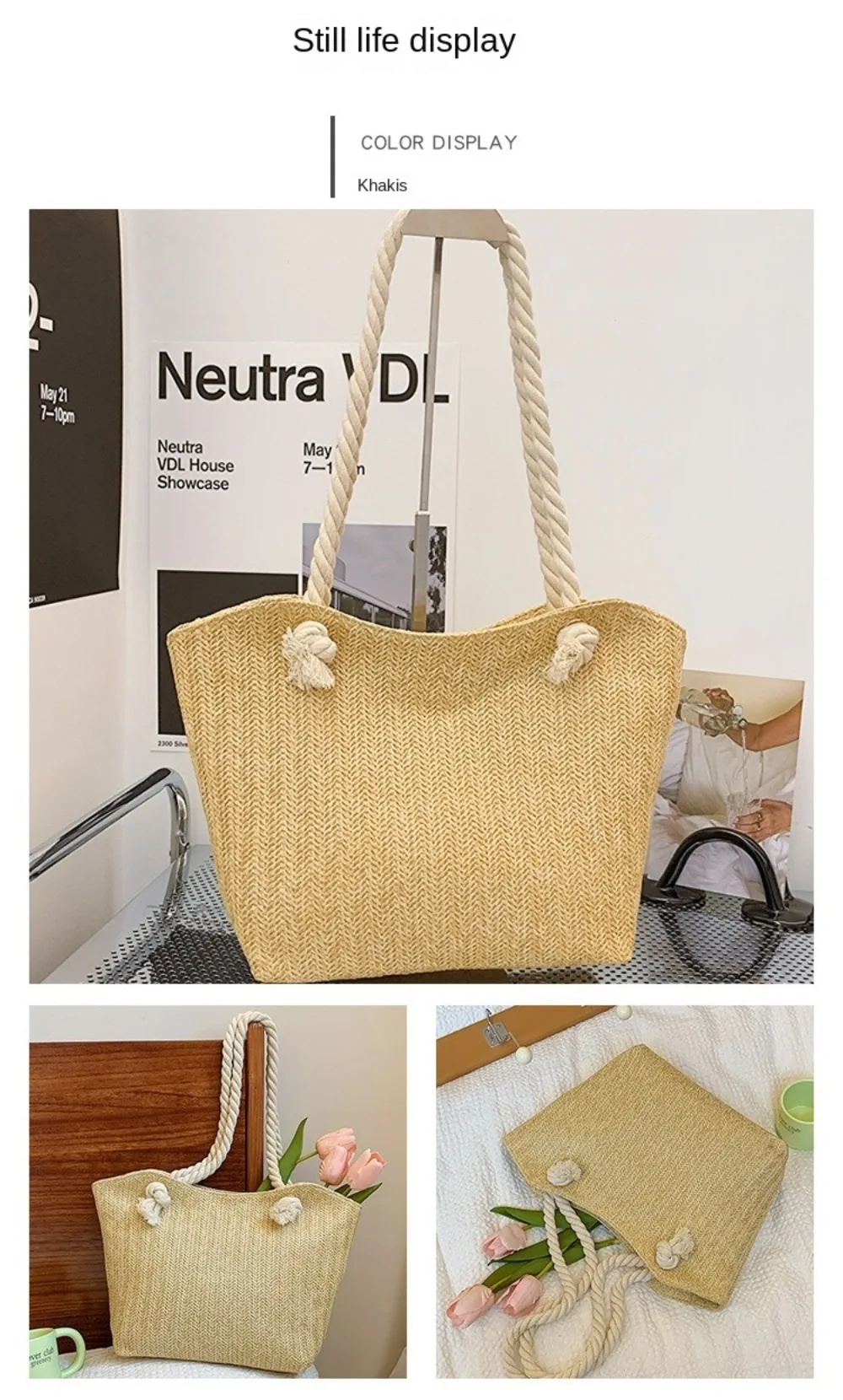 Neue Sommer-Strandtasche mit Großer Kapazität, Raffia Boho Schultertasche, Henkeltasche für Damen – Detail 9