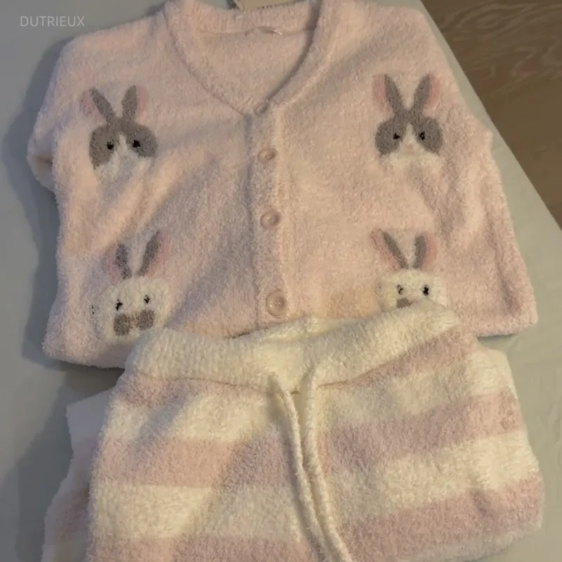Sweet Soft Knitted Cartoon Rabbit Pajamas Women Elegant Thickened Half Velvet Home Wear Set Worn Outside Winter 2025 New