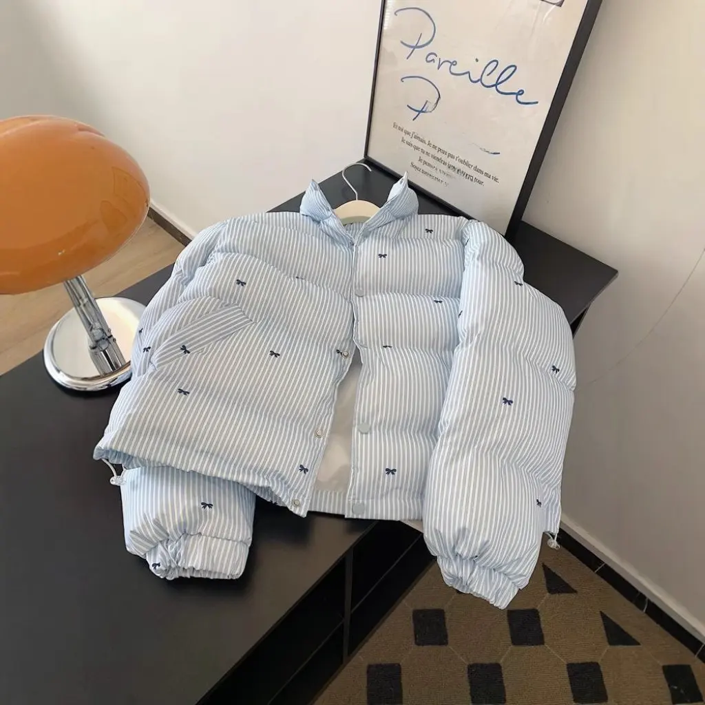 

Blue Striped Bowknot Short Cotton Jacket Women's Small Size Bread Style Design Sensation Cute Upperwear Cotton Coat