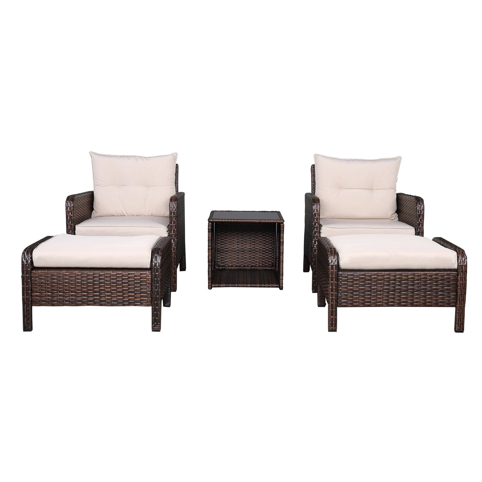 Outdoor Furniture 2pcs Single Sofa 2pcs Footstool &1pc Coffee Table Round Corner Armrests Five-Piece Rattan Set Brown Gradient
