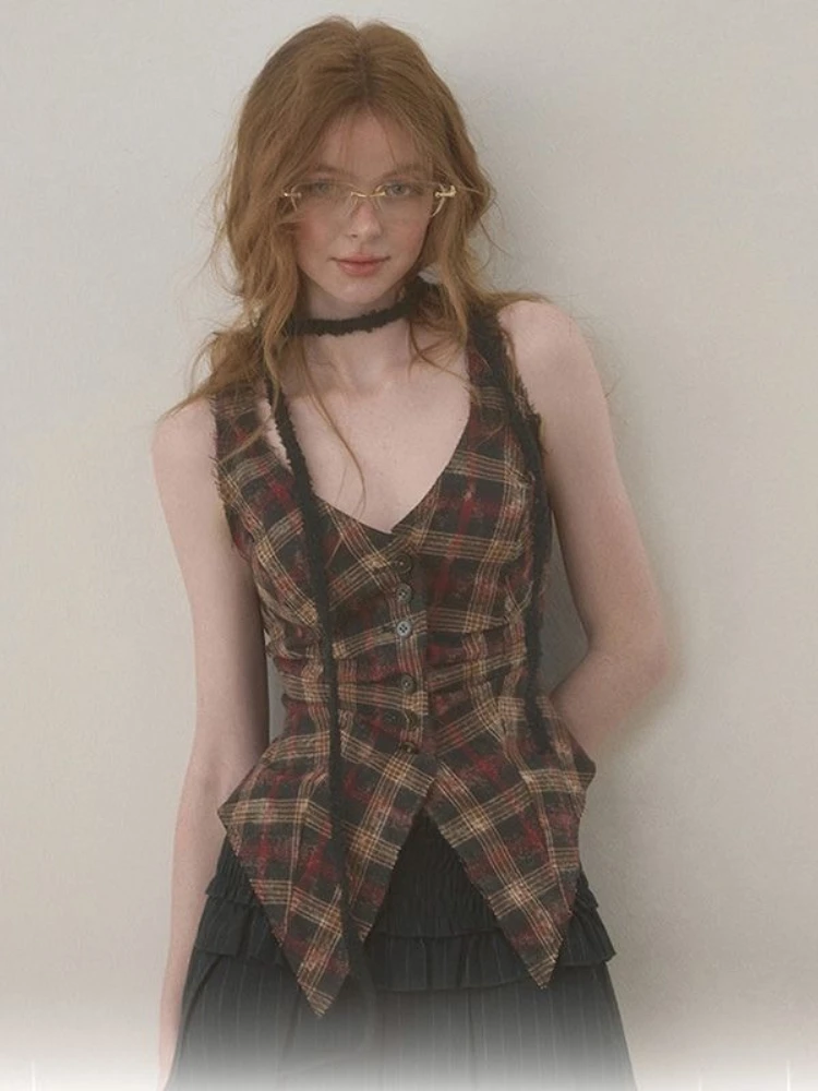 

Retro American style sweet and spicy V-neck fringed plaid vest for women, fashionable waist cinching and slimming vest top