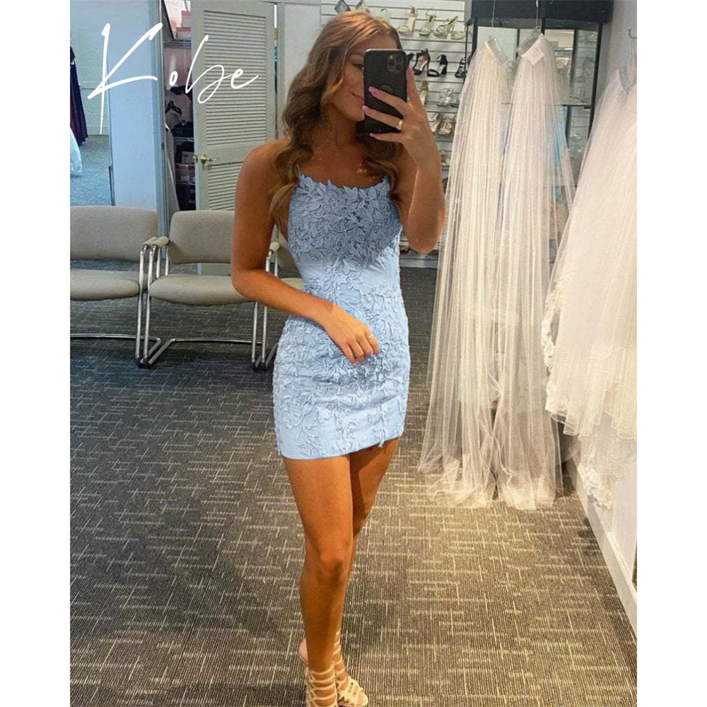 

Kobe Blue Women Evening Dresses Spaghetti Strap Sleeveless prom dresses 2025 Backless Elegant Lace Embroidery Mini فساتين سهرة