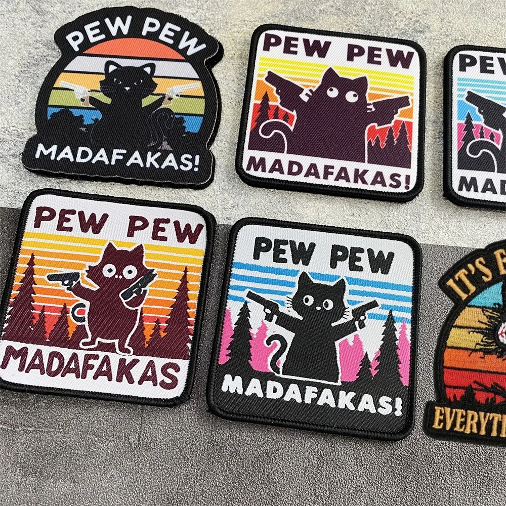 PEW PEW Madafakas Gun Tactical Morale Badge Patch Black Cat It's Fine Armband Fabric Patches Funny Hook & Loop  Backpack Emblems