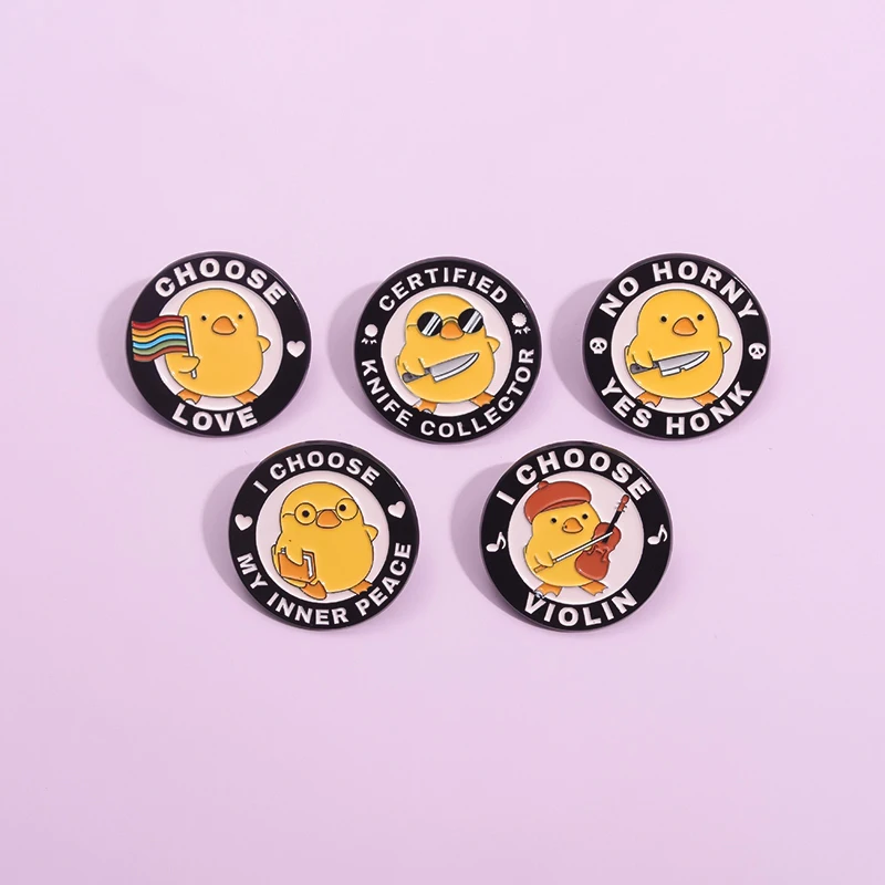 Creative Music Yellow Duck Enamel Pins Cartoon Duckling with Knife Brooches Cute Animal Lapel Badge Gifts For Friends Wholesale