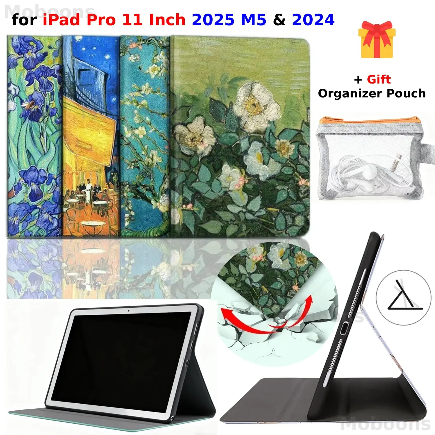 

Для iPad Pro 11-дюймовый чехол 2025 M5 2024 из искусственной кожи, чехол для книги, многоугольная подставка для сна/пробуждения, подарочный органайзер, мягкий чехол на заднюю панель