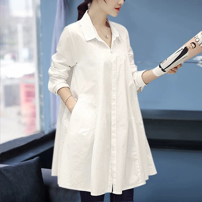 

Women's White Button Down Shirt Dress 2026New Turn Down Collar Long Sleeve Shirt Pocketed Loose Fit Casual Cardigan Mini Dresses
