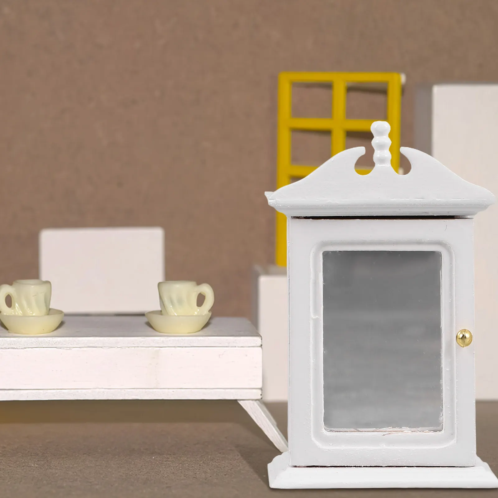 Mini Dollhouse Cabinet with Mirror Multifunctional Miniature Display Shelf Bedroom Living Room Decor