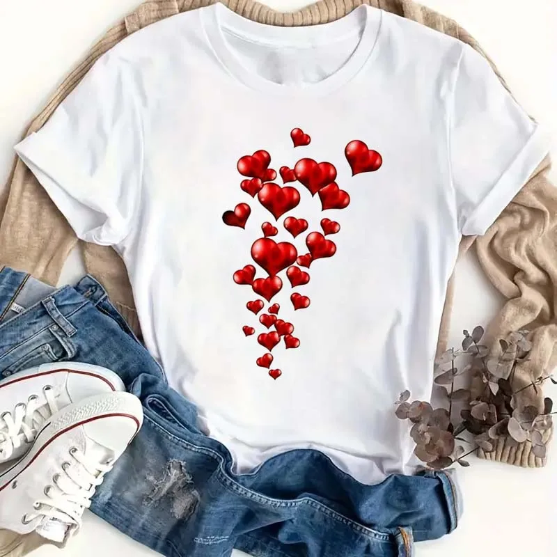 Fashion Love Red Heart Printed Women T-shirts Valentine's Short Sleeve Crew Neck Casual Tops for Summer Spring Women's Clothing