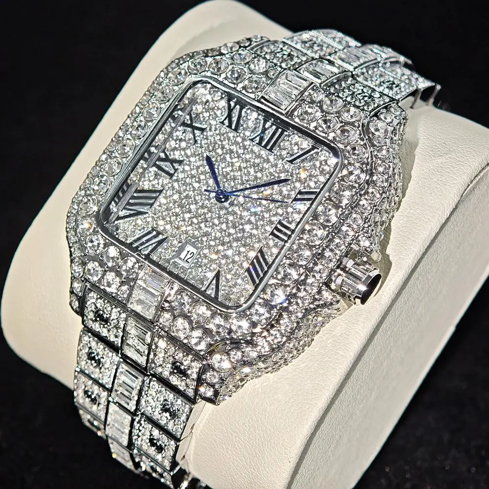 UNIGUET Fashion Diamond Watch for Men Luxury Waterproof Square Quartz Clocks Hip Hop Ice Out Jewelry Wristwatch Male Hot Sell