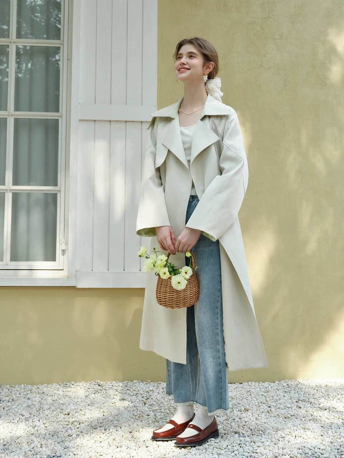 

Ele Light een Women's Windbreaker Jaet Turn-down Collar Mid-Length Casual Korean Sle Pure Color Spring Faion