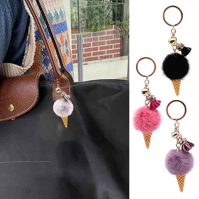 Faux Fur Ice Cream Pendant Keychain Cute Cartoon Keychain Plush Furry Bags Hang Cone Car Key Chain Keyring Creative Girl Gifts