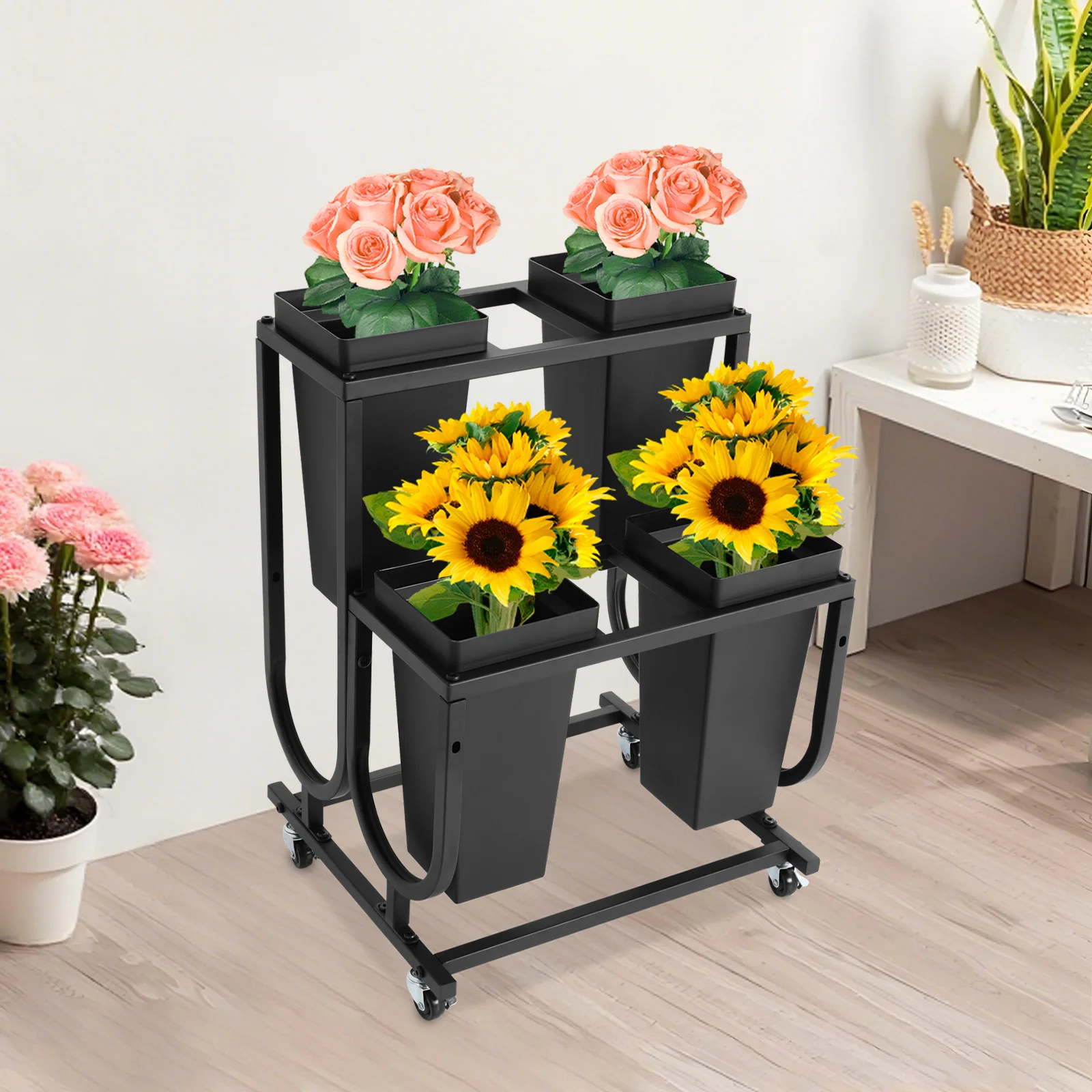 

Stepped Plant Stand, 2-Tier 4-Bucket Flower Display Stand Iron Frame with Lockable Universal Wheels, for Bouquets Home Garden