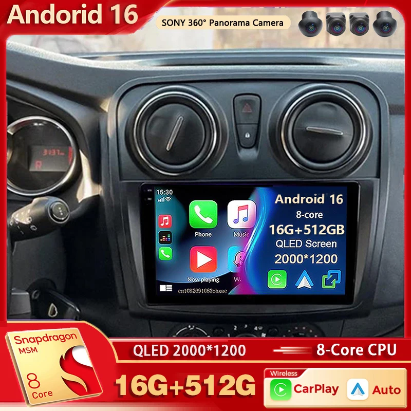 Rádio Automotivo Android 16 Qualcomm com Android Auto para Renault Logan 2 Sandero 2, Reprodutor Multimídia com Carplay Sem Fio, Som Automotivo com DVD e DSP