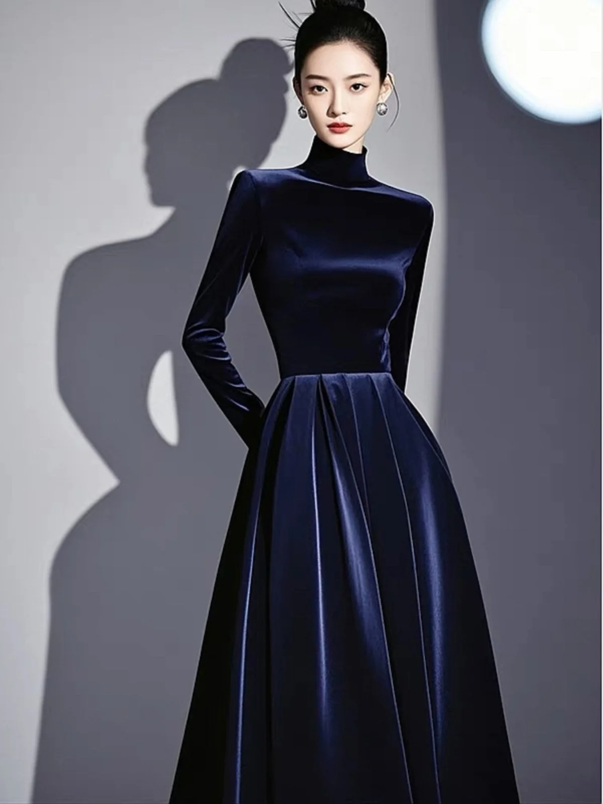 

Ele Blue Velvet High Collar Dr Rich Girl Sle Evening Gown Long Skirt Polyester Fiber Winter Season High Waist