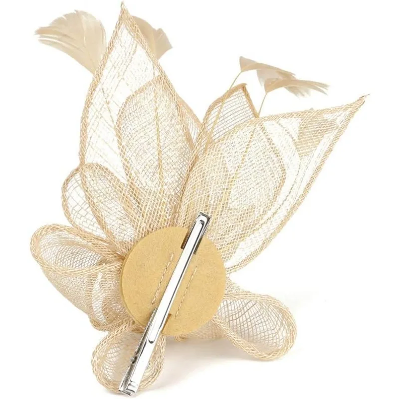 أحدث قبعة نسائية أنيقة بحزام على شكل زهرة وريشة للحفلات ومشبك شعر وإكسسوارات عقال للنساء (ذهبي، مقاس واحد)