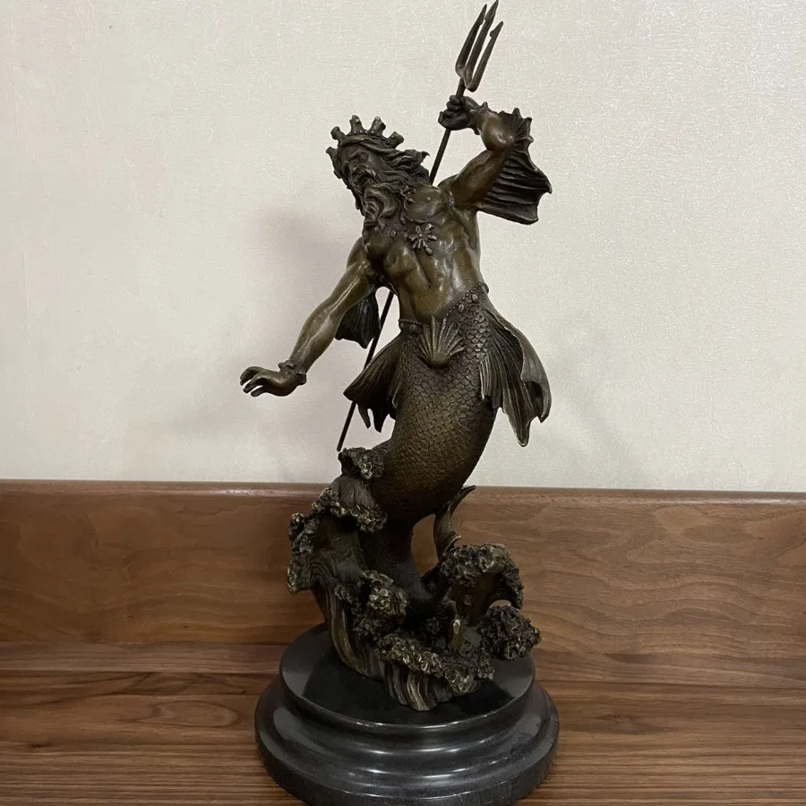 Bronze Greek God Poseidon with Trident Statue Antique Copper Sculpture Art Figurine Ornament Home Decor Art Collection Gifts