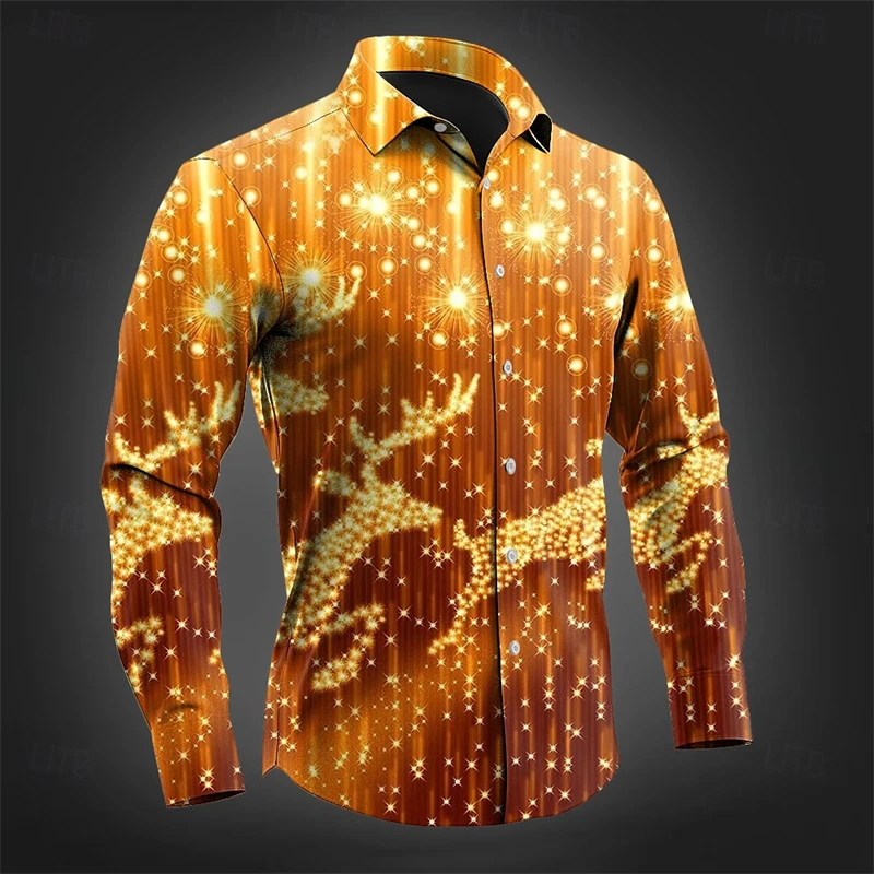 Starlight And Snowflake Pattern Shirts Men's Harajuku Street Shirt Gold Elk 3D Print Gingerbread Christmas Tree Gift Box Blouse