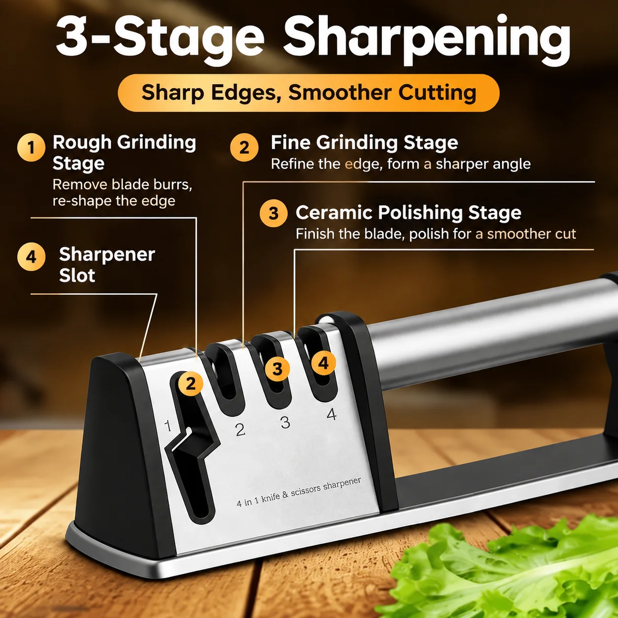 4-in-1 Manual Knife & Scissors Sharpener, Kitchen Sharpening Tool with Dedicated Scissors Slot & 3 Grinding Stages, Anti-Slip Base