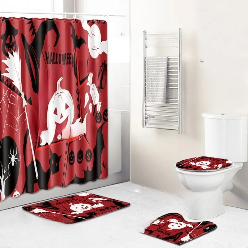 North American Halloween Bathroom Toilet Mat Shower Curtain Set Bedroom Carpet Bedside Full of Pictures