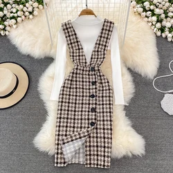 Woolen Plaid Set Dresses Women's 2022 Autumn Winter New Temperament Slim Strap Dress O-neck Knitted Sweater Two Pieces Suit