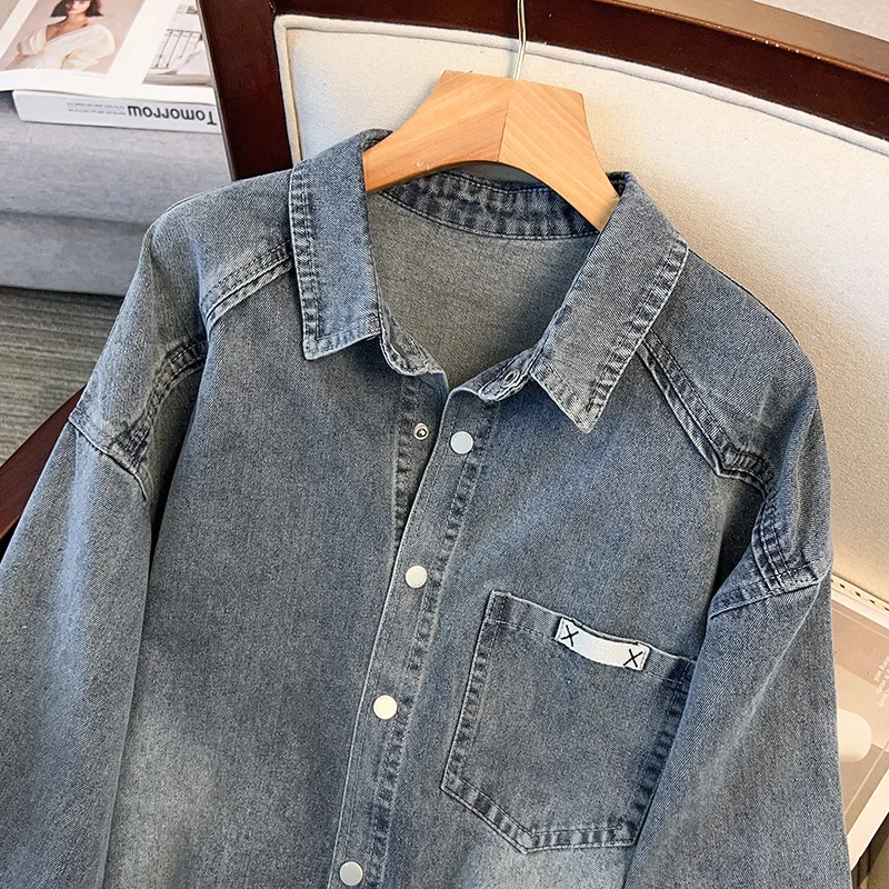 เสื้อคลุมยีนส์ผู้หญิงไซส์ใหญ่ ทรงหลวม สไตล์ลำลอง โอเวอร์ไซส์ ผ้าฝ้าย แขนยาว ติดกระดุม ยาวคลุมเข่า