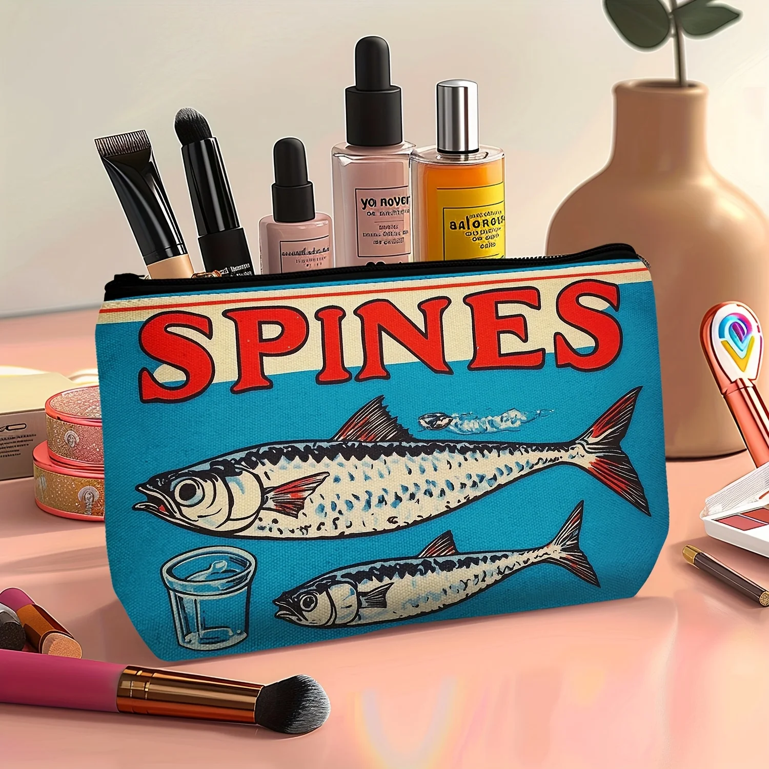1pc Soul Gifts Women’s Cosmetic Bag - Sardines Design, Durable Polyester, Blue with Fish Illustration
