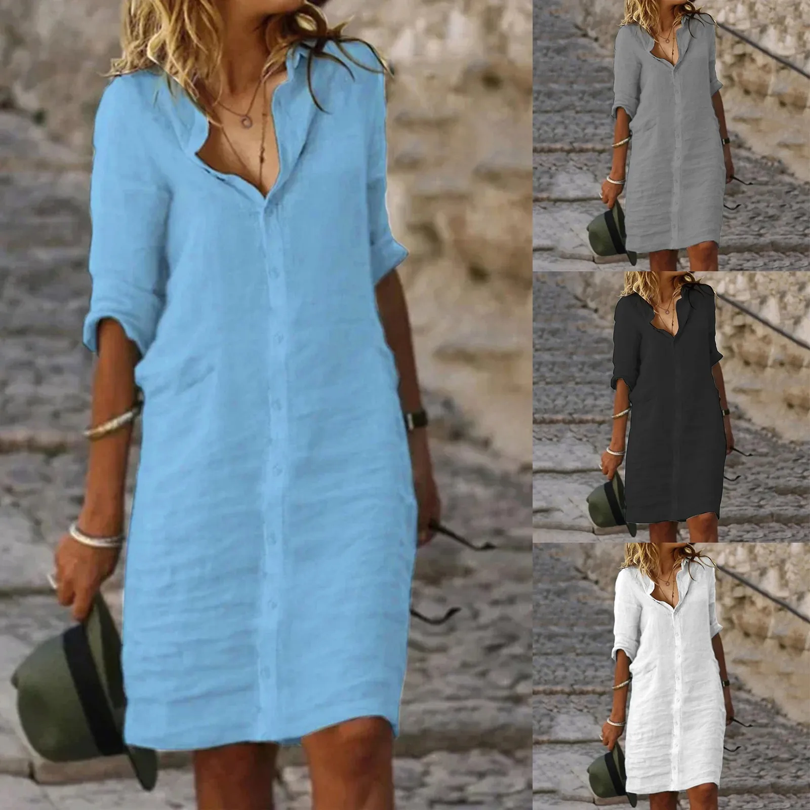 Women'S Long Dresses Contton Linen Shirt Dress Short Dress Solid Dress Vestidos Para Mujer Elegantes Y Bonitos One-Piece Dress