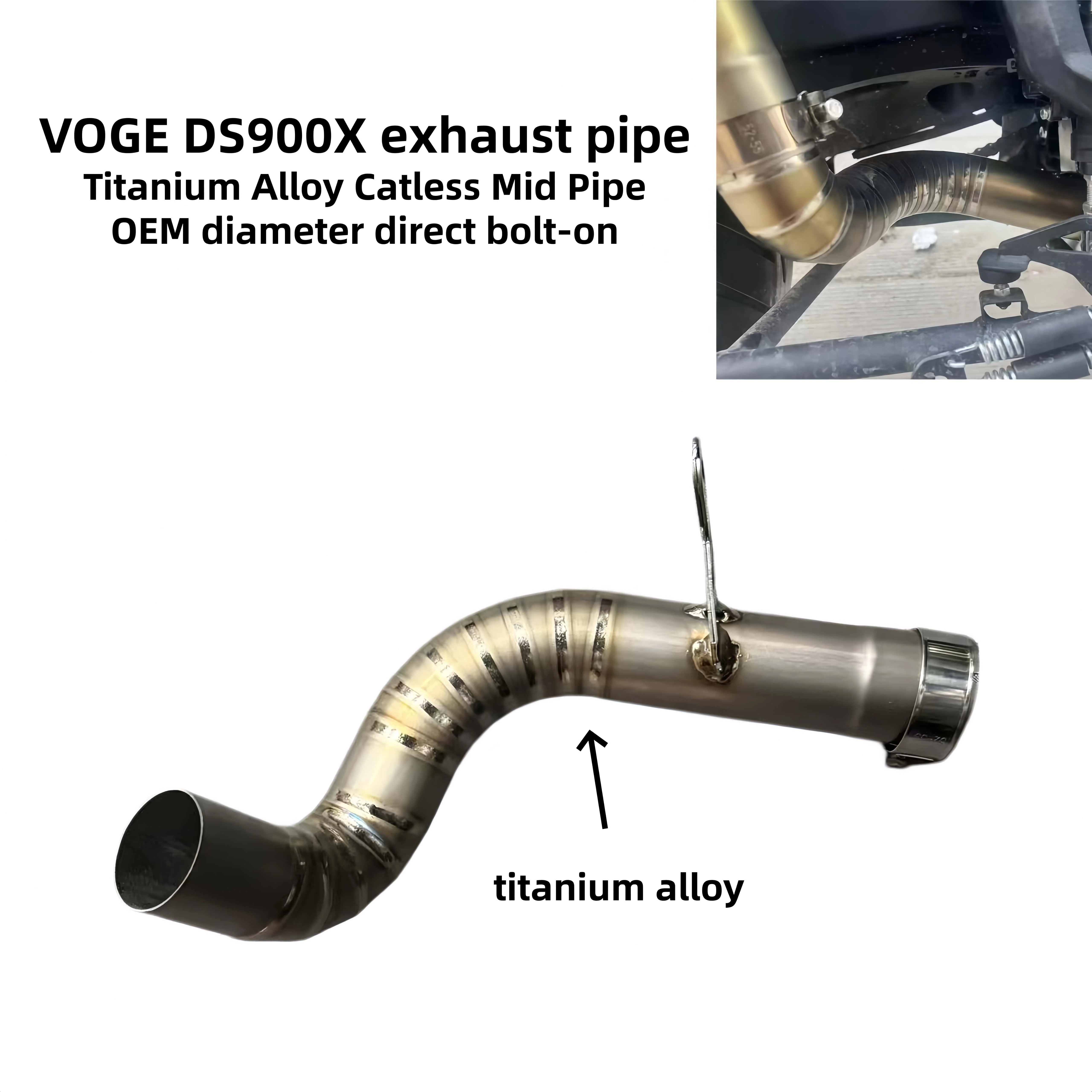 For VOGE DS900X Exhaust Modification, Titanium No-Resonator Mid Pipe for VOGE DS900X, OEM Diameter Direct Bolt-on