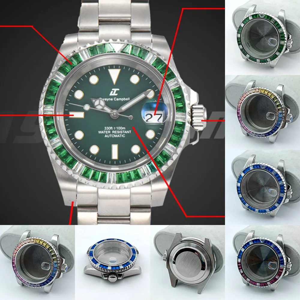 40.5mm Customizable Watch Case With Colored Gemstone Bezel Fit NH35 Movement Sapphire Glass Watch Box Replacement Parts