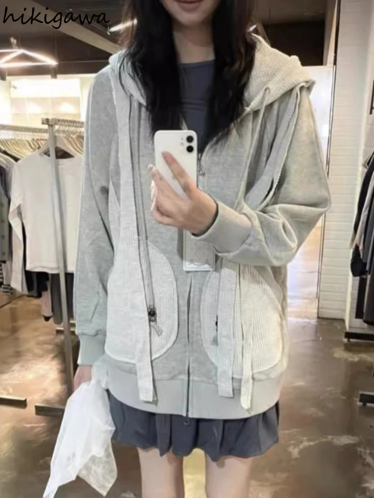 Contrast Color Jackets Women Clothing Streetwear Patchwork Outwear 2024 Ropa Mujer Casual Fashion Zipper Hooded Coat Y2k Tops