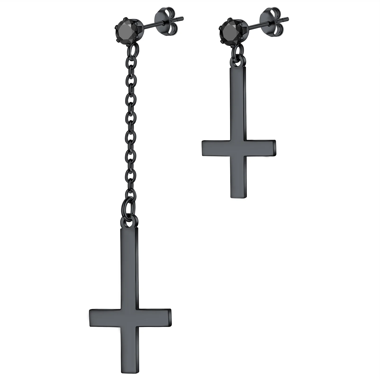 U7 Stainless Steel Inverted Upside-down Crucifixion Petrine Cross Chains Dangle Earrings for Woman Man Asymmetric Unisex Earring