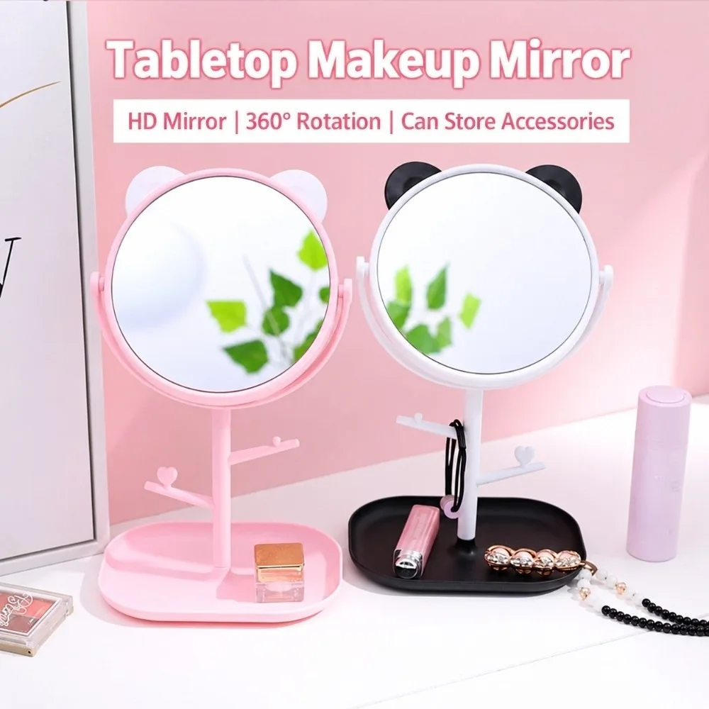 Cute Cat Ear Vanity Mirror 360°Rotation with Jewelry Hooks Makeup Mirror Lightweight StorageTray Desktop Mirror