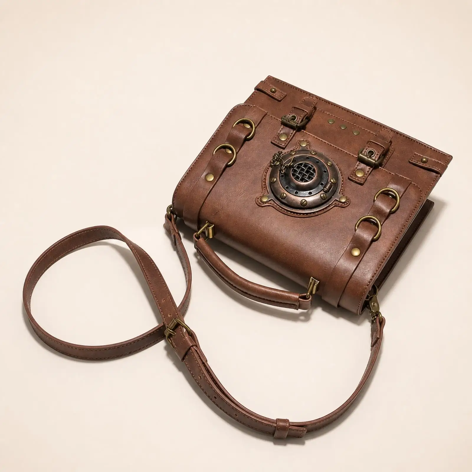 PU Leather Women Shoulder Handbag Steampunk Style Square Crossbody Purse with Metal Rings Rivets and Chain Accent for Ladies