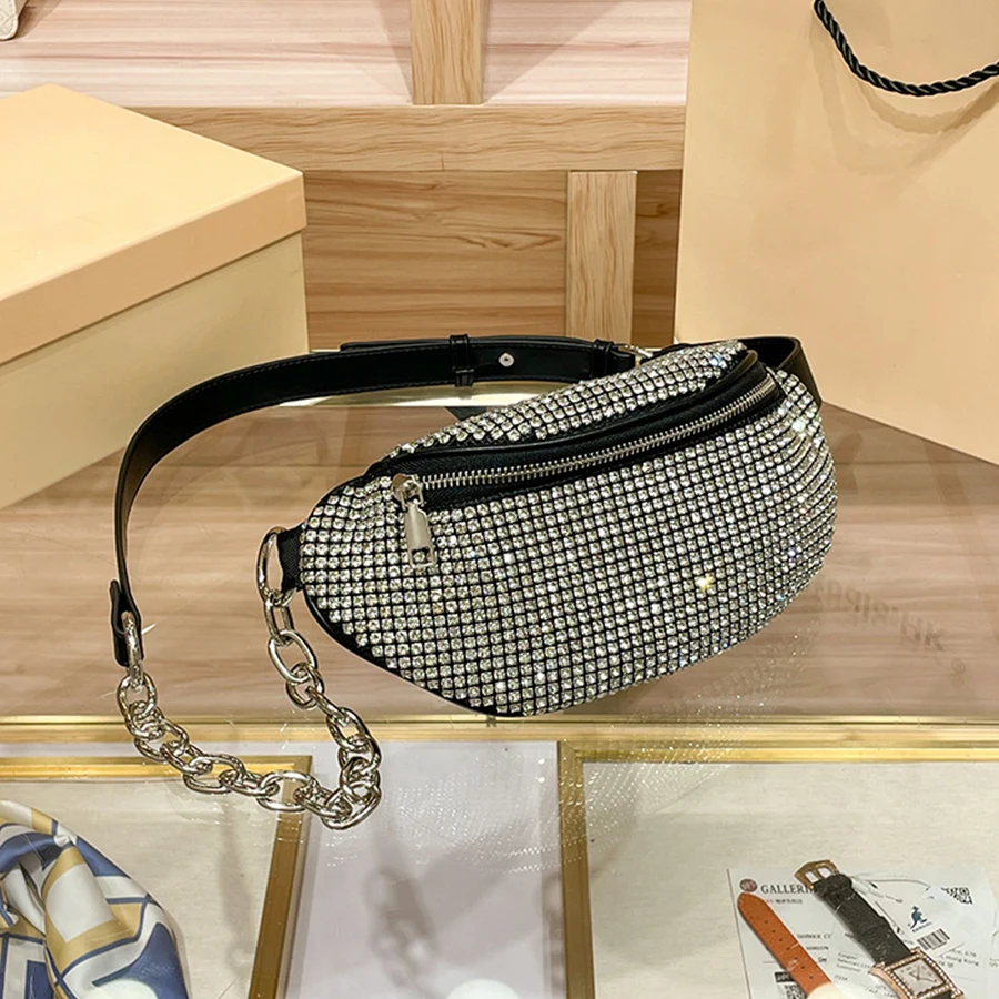 

Sparkly Rhinestone Fanny Pack Belt Bag for Women Travel Waist Bags Fashion Waist Pack Banana Bag Chest Shoulder Crossbody Bags