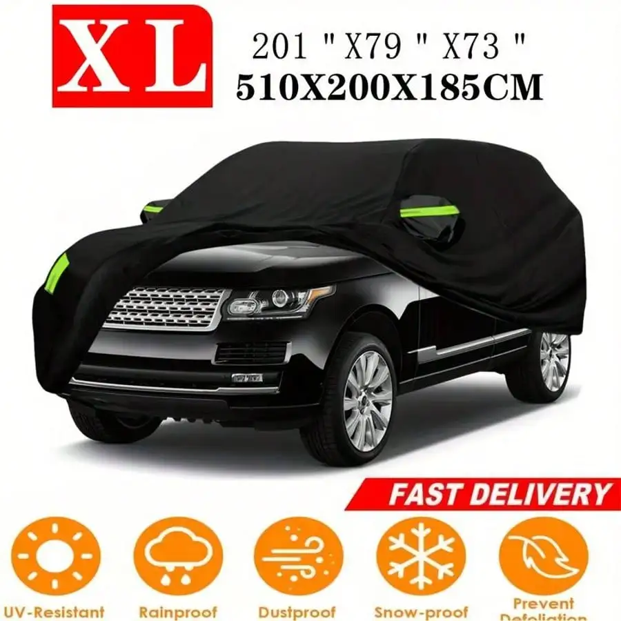 

Premium Black 190T Car Cover with Reflective Strips, Dustproof Scratch Resistant Heavy Duty Protector for Sedan Hatchback SUV