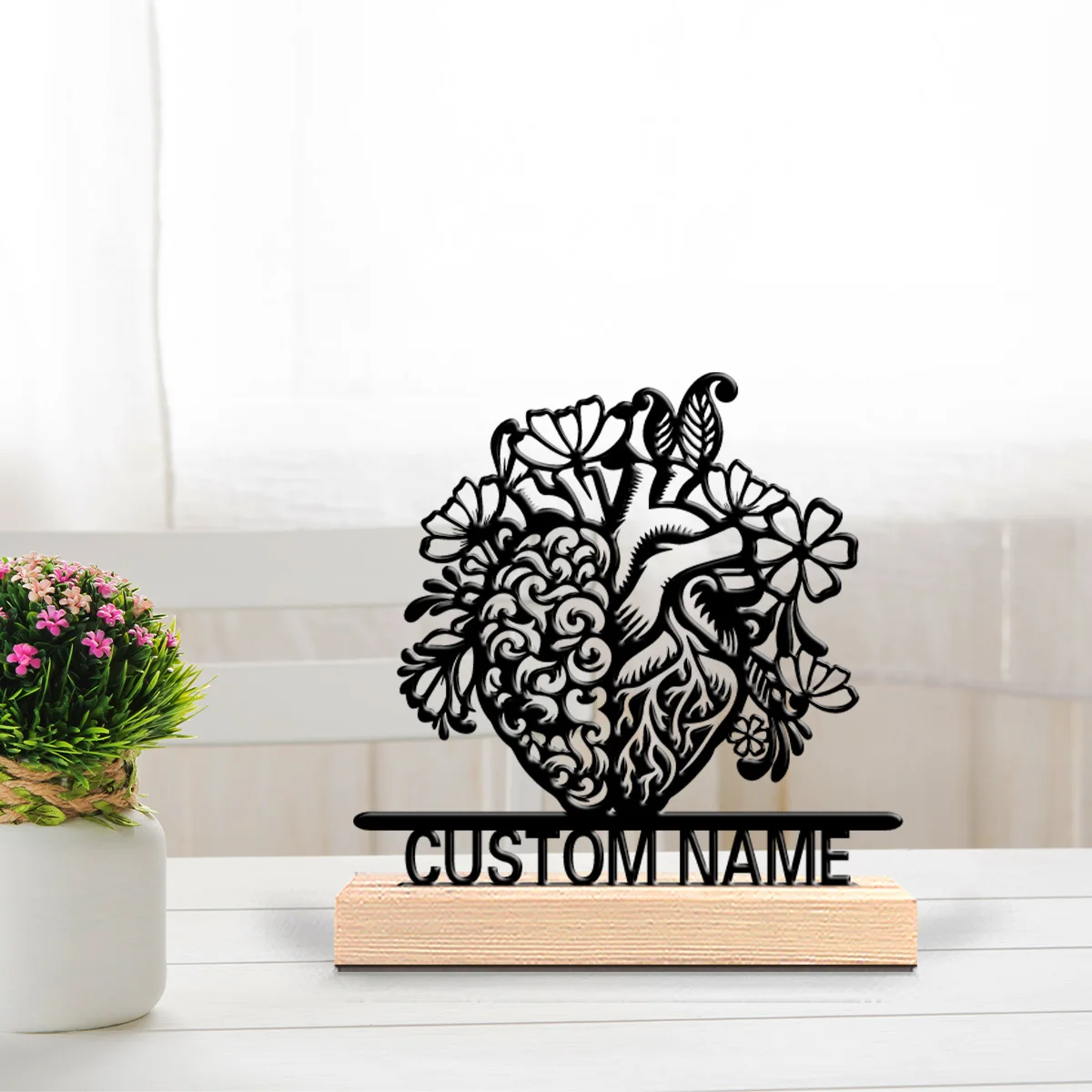 1pc Minimalist heart Customizable Text Metal Statue Iron Ornament Handicraft With Wood Base Metal Ornament For Youth Gifts