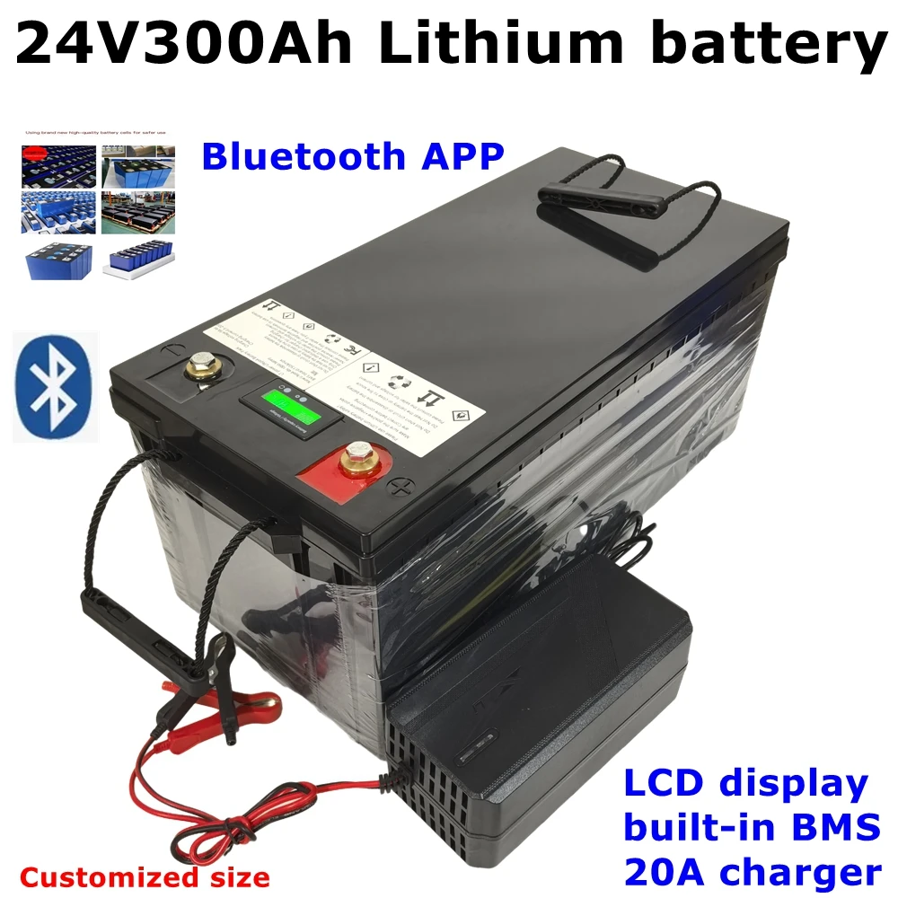 LT-waterproof 24V 300AH Lithium ion battery bluetooth APP BMS li ion for 3000W RV EV Solar energy golf cart UPS +20A Charger.