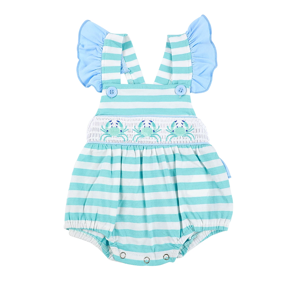 

Summer Smocked Embroidery Crab Ruffle Striped Sister Dress Baby Pleated Jumpsuit Baby Crawl Suit Newborn Girl Romper