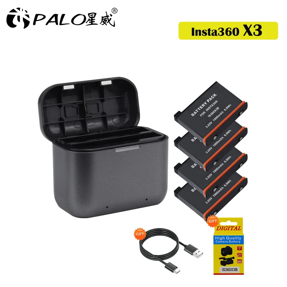 

For Insta360 X3 One X 3 Battery Kit 1800mAh Fast Charge Li-ion Camera Battery for Insta 360 X3 Plus Type-C 2 Slots LED Charger