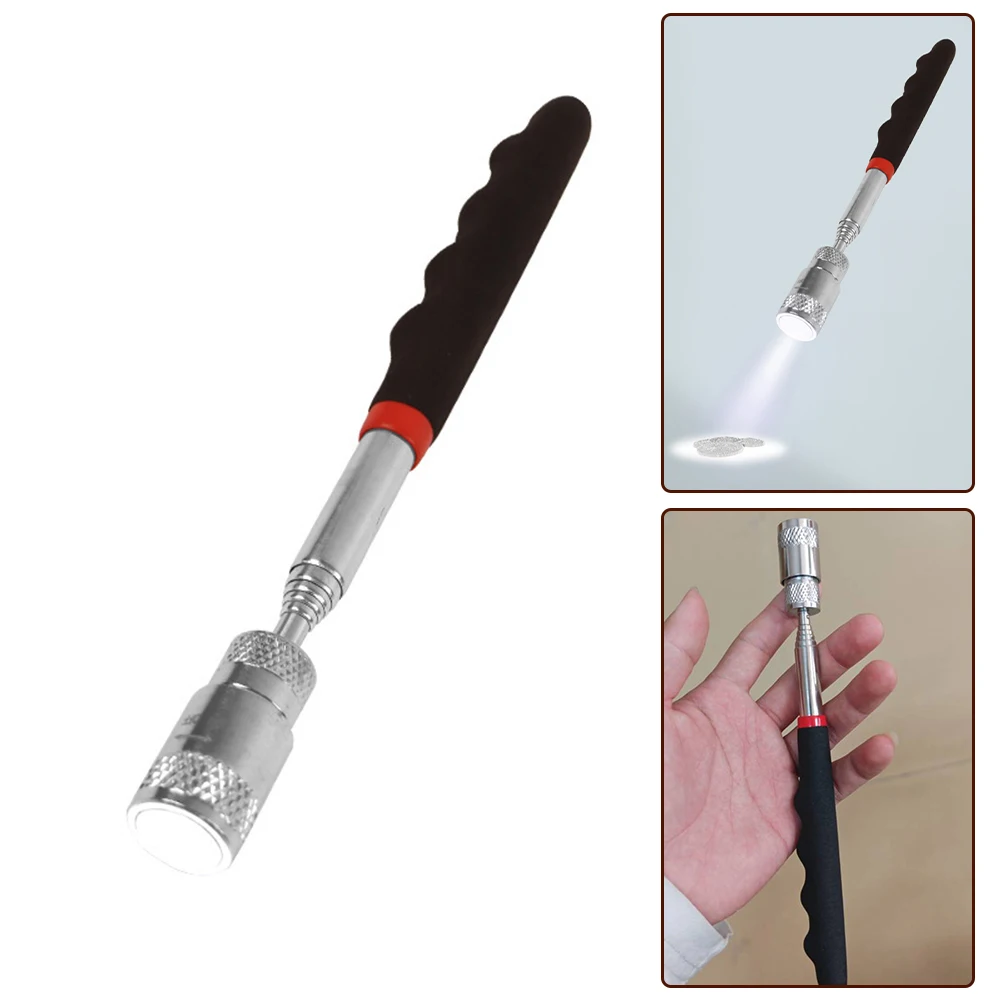 Herramienta de recogida magnética ajustable telescópica, pluma larga, varilla magnética telescópica con luz LED, 1 unidad