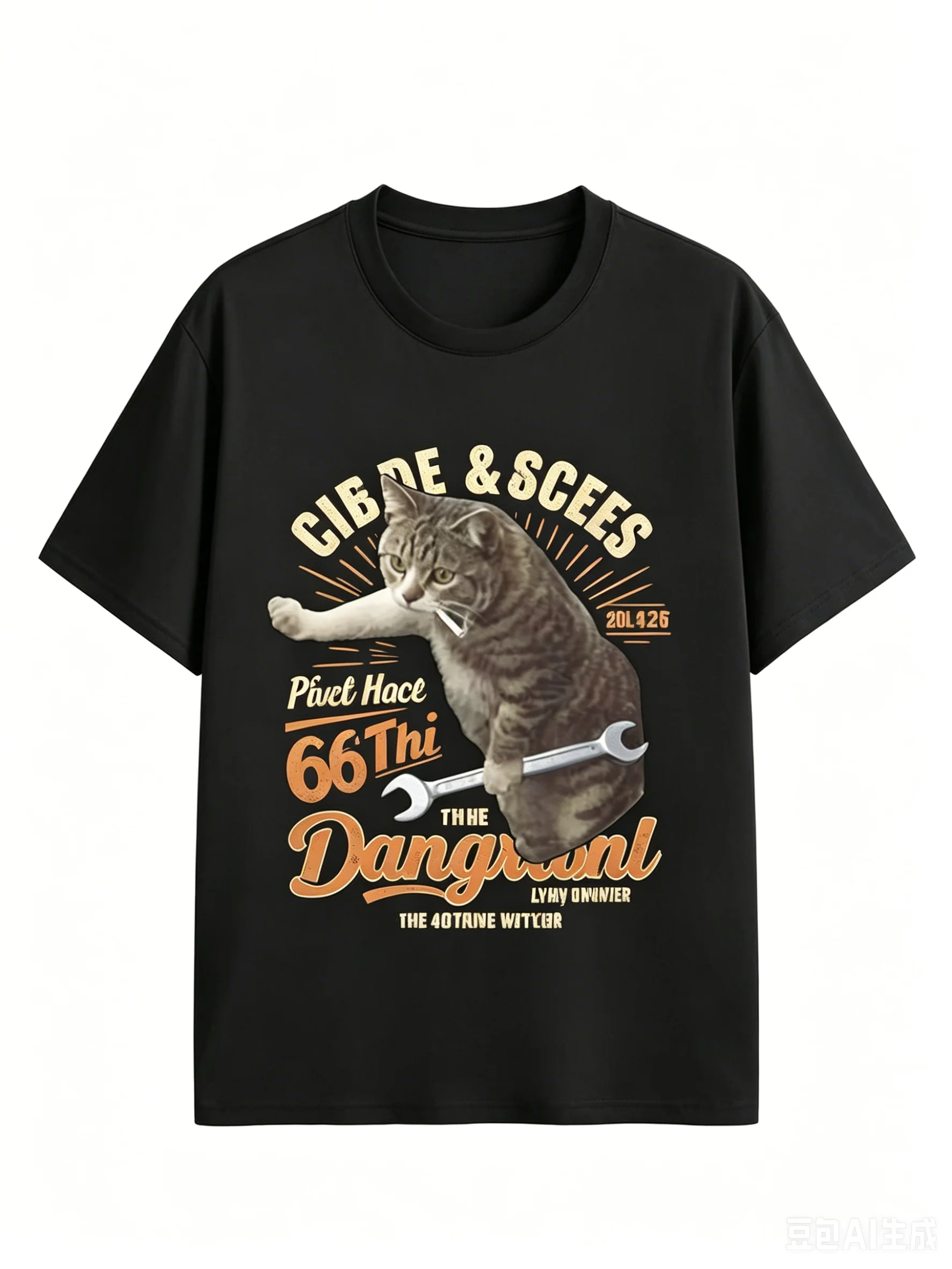Retro Distressed Mechanic Tabby Cat With Wrench Vintage Letter Graphic Crew Neck Short Sleeve T Shirt