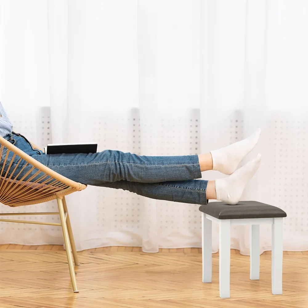 2PCS Vanity Stool Chair Solid Wood Ottoman Set w/ Padded Seat Cushion Gray